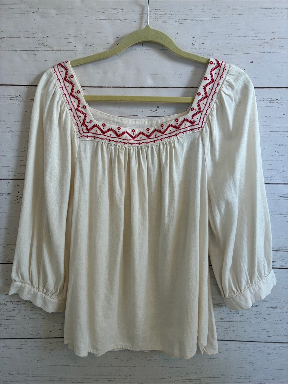Universal Thread Cream Embroidered Linen Blend Peasant Top, sz X, NWOT